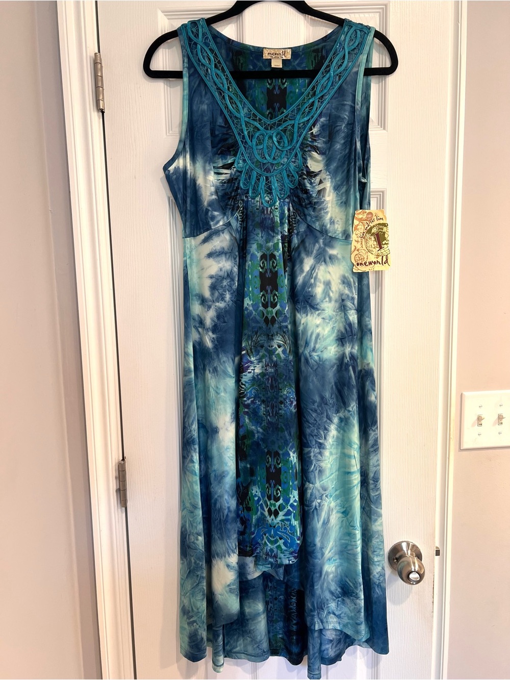 Oneworld NWT Teal & Navy Tie-Dye Sleeveless Maxi Dress Fairy Mermaid Artsy L